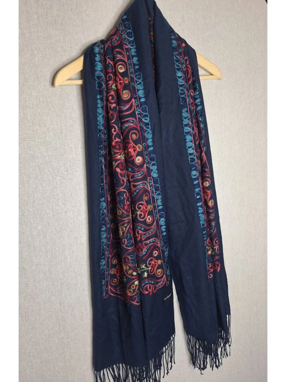 💙 Cashmere Label Oversized Navy Embroidered Paisley Pashmina Scarf Shawl Fringe
